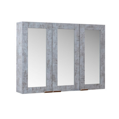 Homestylestore 900 X 650mm Concrete Grey Wall Mounted Mirrored Door Bathroom Cabinet And Brushed Copper Finger Pull Handles - image 1