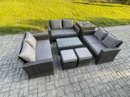 Fimous 7Pc Rattan Sofa Garden Furniture Outdoor Patio Set With Side Table 2 Small Footstools Double Seat Sofa Dark Grey Mixed - thumbnail 1