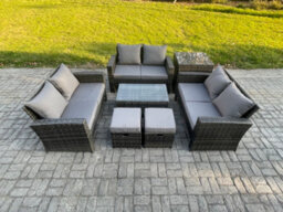 Fimous 7Pc Rattan Sofa Garden Furniture Outdoor Patio Set With Side Table 2 Small Footstools Double Seat Sofa Dark Grey Mixed - thumbnail 2