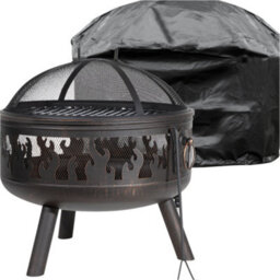 Loops Premium Round Fire Pit Wood Burner And Bbq Grill Set With Weatherproof Cover For Outdoor Dining