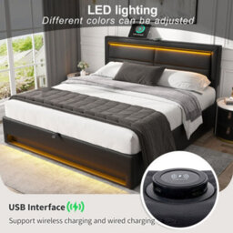 Abrihome Double Bed With Usb Ports & Wireless Charging, Led Lighting, Storage - 4Ft6 Upholstered Bed Frame, Pu Lychee Black 135X190 Cm - thumbnail 4