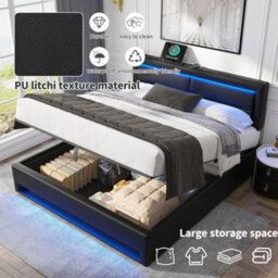 Abrihome Double Bed With Usb Ports & Wireless Charging, Led Lighting, Storage - 4Ft6 Upholstered Bed Frame, Pu Lychee Black 135X190 Cm - thumbnail 6