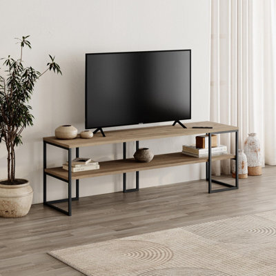 Decortie Modern Tv Unit 140Cm Open Shelf Design W/plywood Edge, Black Metal Frames Tv Stand Up To 55' Tvs Living Room,natural Oak
