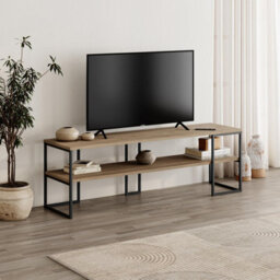 Decortie Modern Tv Unit 140Cm Open Shelf Design W/plywood Edge, Black Metal Frames Tv Stand Up To 55' Tvs Living Room,natural Oak