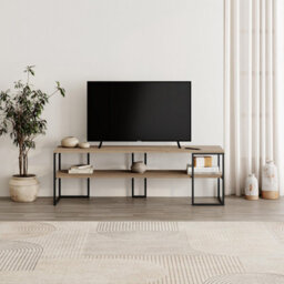 Decortie Modern Tv Unit 140Cm Open Shelf Design W/plywood Edge, Black Metal Frames Tv Stand Up To 55' Tvs Living Room,natural Oak - thumbnail 5