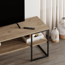 Decortie Modern Tv Unit 140Cm Open Shelf Design W/plywood Edge, Black Metal Frames Tv Stand Up To 55' Tvs Living Room,natural Oak - thumbnail 4