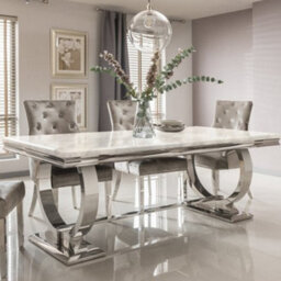 Stratus Interiors Arriana Light Grey Marble Top Dining Table With Circular Metal Stand - Luxury Modern Dining Room Furniture Centerpiece - 1.8Mt