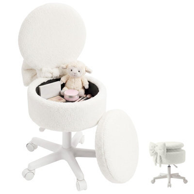 London Boutique Vanity Stool With 9L Storage, Folding Backrest, Adjustable Boucle Dressing Table Stool, Swivel Wheels, White - image 1