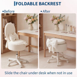 London Boutique Vanity Stool With 9L Storage, Folding Backrest, Adjustable Boucle Dressing Table Stool, Swivel Wheels, White - thumbnail 9