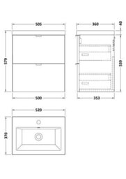 Hudson Reed Fusion Wall Hung 2 Drawer Vanity Unit & Ceramic Basin, Stylish Sink Vanity Unit, Gloss Grey, 500mm - thumbnail 3