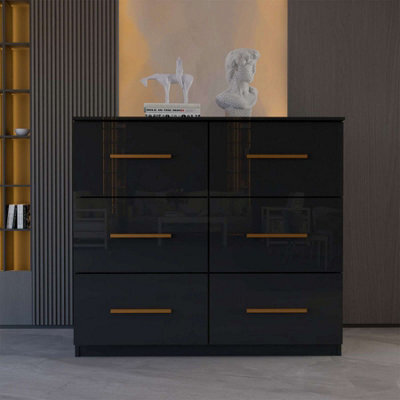 Sliding Wardrobes 4 u LTD Double 3+3 Drawer High Gloss Chest Of Drawers 180Cm Tall Wide Storage Unit - Black