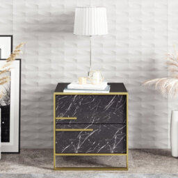 Decorotika Polka 2 Drawer Bedside Table Black Marble Effect & Gold
