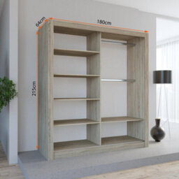 Fhif Lexiss Gold 180Cm Oak Modern Sliding Door Wardrobe Bedroom Storage With Shelves & Hanging Rail - thumbnail 2