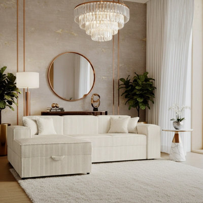 Santos L Corner Sofa Bed For Living Room Chipboard Frame Polyurethane Foam Wave Springs 253X166X79 Cm Cream Left - image 1