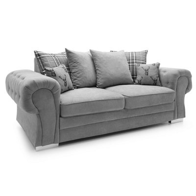 Furnishings For Less UK Milan Fabric 3 Seater Sofa Grey Fabric Scatter Back Chesterfield Style - image 1