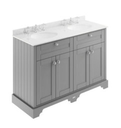 Hudson Reed Floor Standing Four Door Traditional Vanity Unit With 3 Tap Hole White Marble Double Basin In Storm Grey, 1220 X 470mm