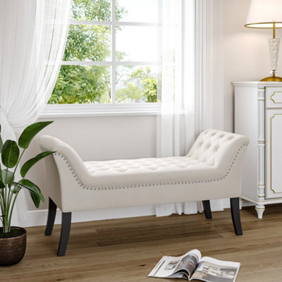 Living And Home Creamy White Velvet Upholstered Bed End Bench Hallway Entryway Bench Footstool - image 1