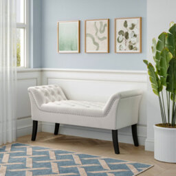 Living And Home Creamy White Velvet Upholstered Bed End Bench Hallway Entryway Bench Footstool - thumbnail 3