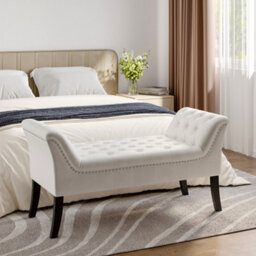 Living And Home Creamy White Velvet Upholstered Bed End Bench Hallway Entryway Bench Footstool - thumbnail 2