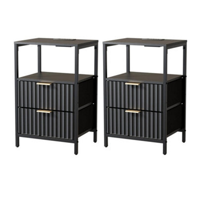 2Pcs Bedside Table 2 Drawers Storage Cabinet Nightstand With Charging Station - image 1