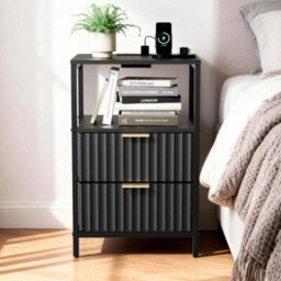 2Pcs Bedside Table 2 Drawers Storage Cabinet Nightstand With Charging Station - thumbnail 6