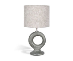 Solid Wood Table Lamp With Fabric Shade Brush Patina Grey Finish Cut Out Sculptural Base For Living Room Or Bedroom