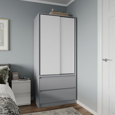 Urbn-Living Urbnliving 2 Sliding Doors Wardrobe 2 Drawer Bedroom Clothes Hanging Rail Grey Carcass With White Doors Storage Cupboard - image 1