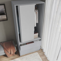 Urbn-Living Urbnliving 2 Sliding Doors Wardrobe 2 Drawer Bedroom Clothes Hanging Rail Grey Carcass With White Doors Storage Cupboard - thumbnail 4