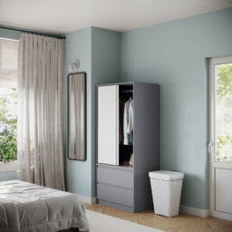Urbn-Living Urbnliving 2 Sliding Doors Wardrobe 2 Drawer Bedroom Clothes Hanging Rail Grey Carcass With White Doors Storage Cupboard - thumbnail 2