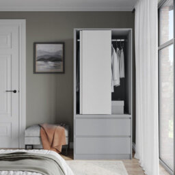 Urbn-Living Urbnliving 2 Sliding Doors Wardrobe 2 Drawer Bedroom Clothes Hanging Rail Grey Carcass With White Doors Storage Cupboard - thumbnail 3