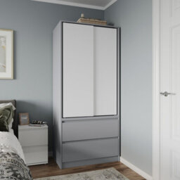 Urbn-Living Urbnliving 2 Sliding Doors Wardrobe 2 Drawer Bedroom Clothes Hanging Rail Grey Carcass With White Doors Storage Cupboard - thumbnail 1