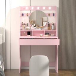 Keepreaper Stylish Vanity Desk With Lights 5 Hollywood Bulbs 3 Adjustable Colors Pink Dressing Table - thumbnail 1