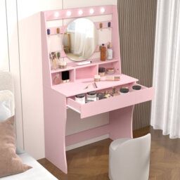Keepreaper Stylish Vanity Desk With Lights 5 Hollywood Bulbs 3 Adjustable Colors Pink Dressing Table - thumbnail 8