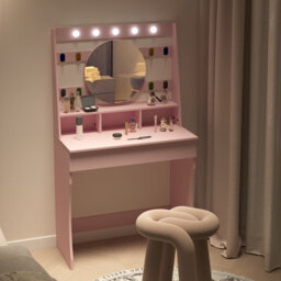 Keepreaper Stylish Vanity Desk With Lights 5 Hollywood Bulbs 3 Adjustable Colors Pink Dressing Table - thumbnail 9