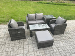Fimous Rattan Lounge Sofa Set Outdoor Garden Furniture Set With Rectangular Coffee Table Big Footstool Love Sofa Side Table - thumbnail 2