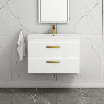 Royal Bathrooms Turin Gloss White 800mm Wall Hung Vanity Unit 2 Drawer With Mid-Edge Basin Sink & Brushed Brass Handles - image 1