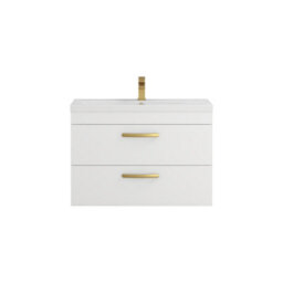 Royal Bathrooms Turin Gloss White 800mm Wall Hung Vanity Unit 2 Drawer With Mid-Edge Basin Sink & Brushed Brass Handles - thumbnail 6