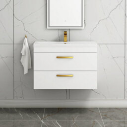 Royal Bathrooms Turin Gloss White 800mm Wall Hung Vanity Unit 2 Drawer With Mid-Edge Basin Sink & Brushed Brass Handles