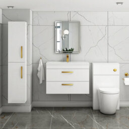 Royal Bathrooms Turin Gloss White 800mm Wall Hung Vanity Unit 2 Drawer With Mid-Edge Basin Sink & Brushed Brass Handles - thumbnail 4