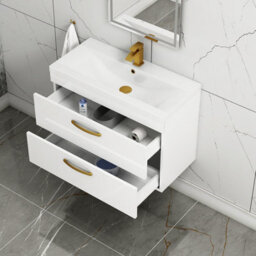 Royal Bathrooms Turin Gloss White 800mm Wall Hung Vanity Unit 2 Drawer With Mid-Edge Basin Sink & Brushed Brass Handles - thumbnail 5