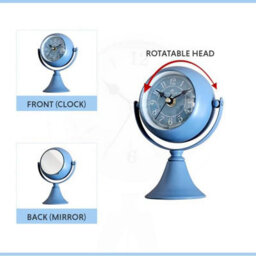 Alarm Clock 15Cm Blue Metal Silent Non-Ticking Table Clock 360 Degree Rotatable Mirror, Battery-Operated Decorative Clock - thumbnail 8
