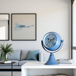 Alarm Clock 15Cm Blue Metal Silent Non-Ticking Table Clock 360 Degree Rotatable Mirror, Battery-Operated Decorative Clock - thumbnail 3
