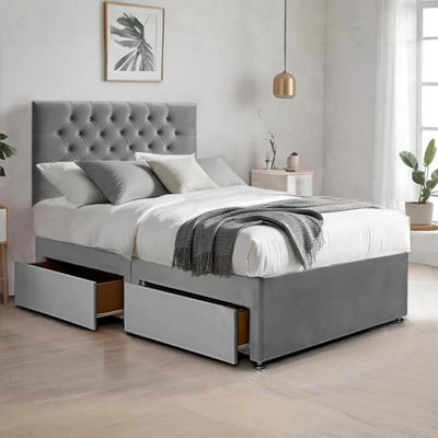 Grey Plush 6Ft Super King Size Bed With Matttress  2 Storage Drawers And 20 Inch Chesterfield Headboard - image 1