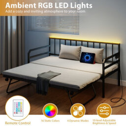 Gainoom Black Single Size Daybed With Led Lights Metal Sofa Bed Frame Space-Saving Metal Slats Support Mattress Foundation - thumbnail 5