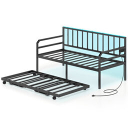 Gainoom Black Single Size Daybed With Led Lights Metal Sofa Bed Frame Space-Saving Metal Slats Support Mattress Foundation