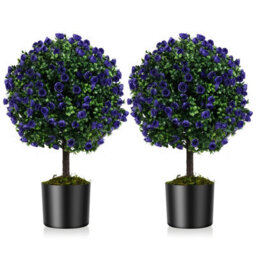 Gainoom Set Of 2 Artificial Purple Rose Topiary Ball Trees W/ Cement-Filled Pot - thumbnail 1