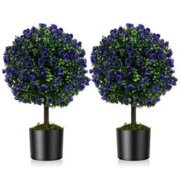 Gainoom Set Of 2 Artificial Purple Rose Topiary Ball Trees W/ Cement-Filled Pot