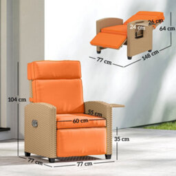 Outsunny Rattan Garden Recliner Sun Lounger W/ Flip Table, Khaki/orange - thumbnail 3