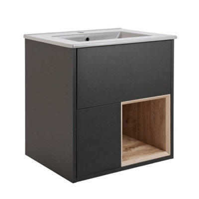 Homestylestore Black Grey 612mm Wall Hung Bathroom Vanity Unit Open Shelf And Pebble Basin - image 1