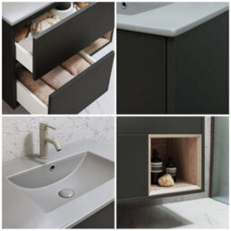 Homestylestore Black Grey 612mm Wall Hung Bathroom Vanity Unit Open Shelf And Pebble Basin - thumbnail 2